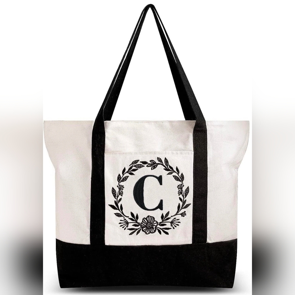 Monogrammed Embroidered Canvas Tote Bag Zipper Pocket Personalized Gift Letter C